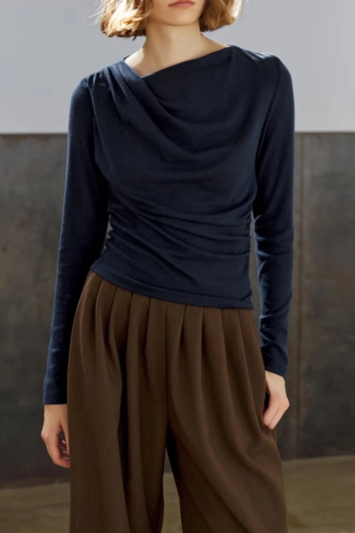 Blue Knit Pleated Top - Long Sleeve Relaxed Fit 