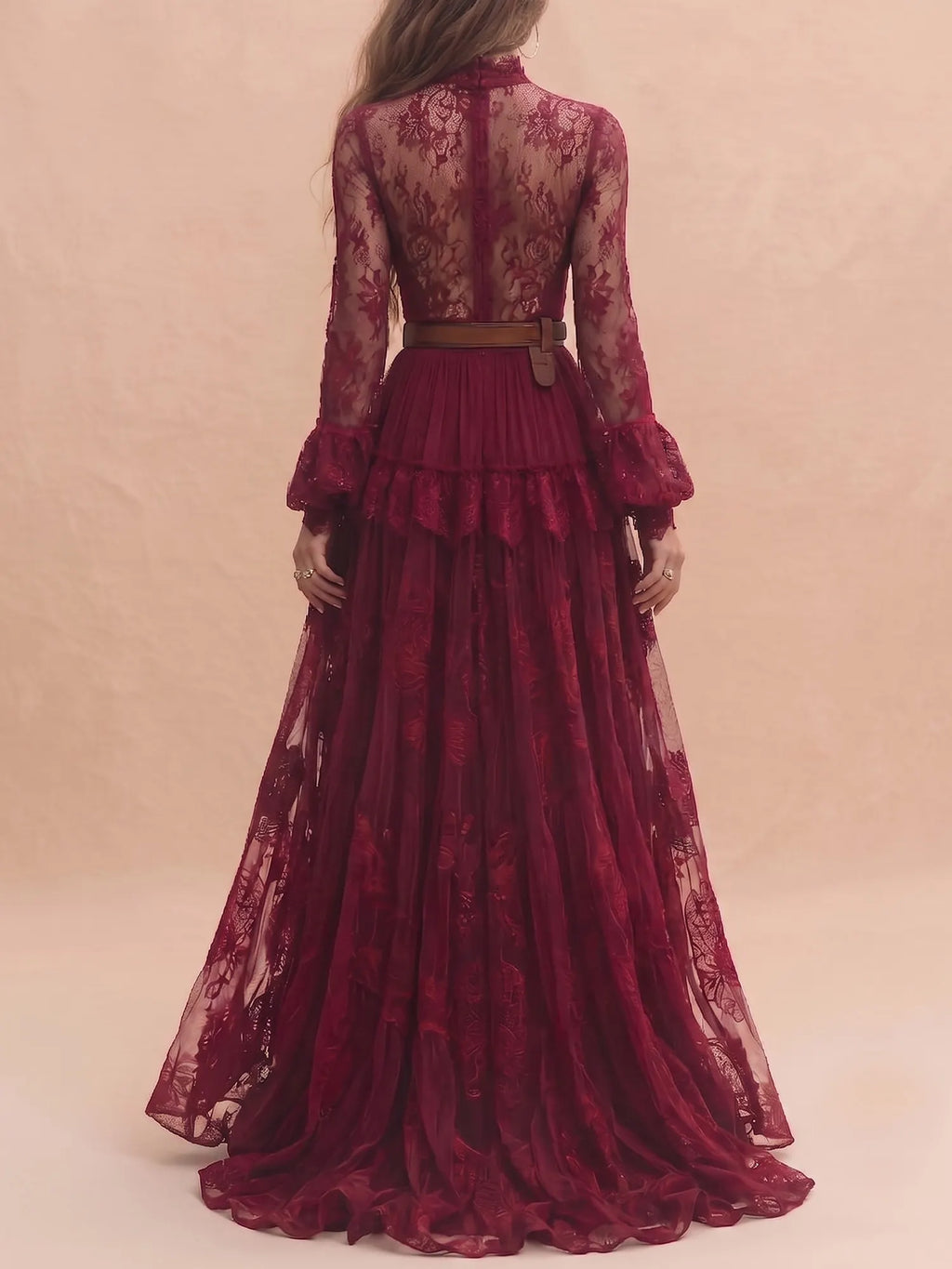 Festival Dress — Burgundy Mock Neck Keyhole Lace Dress Maxi Dress