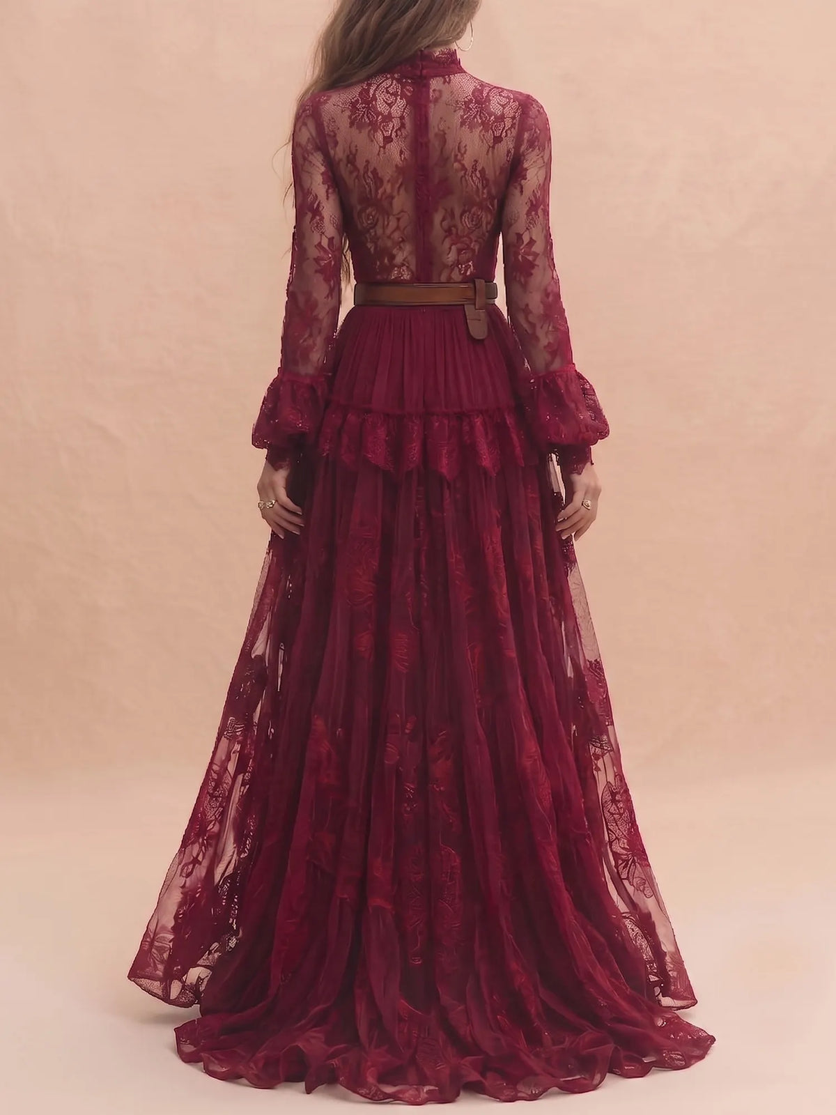 Festival Dress — Burgundy Mock Neck Keyhole Lace Dress Maxi Dress