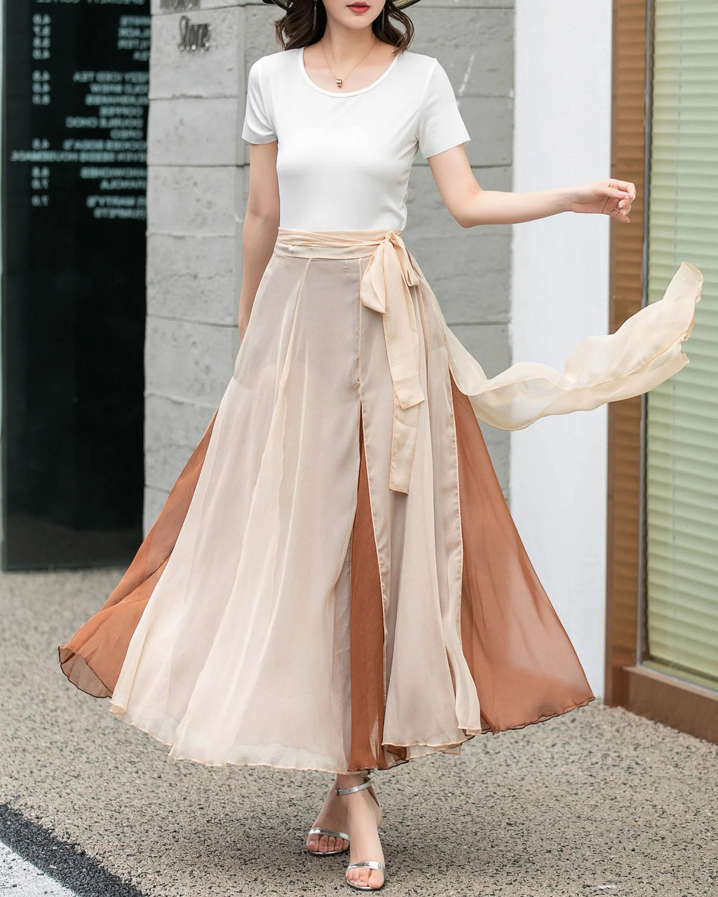 Apricot Chiffon Midi Wrap Skirt - Flowing Circle Silhouette 4277