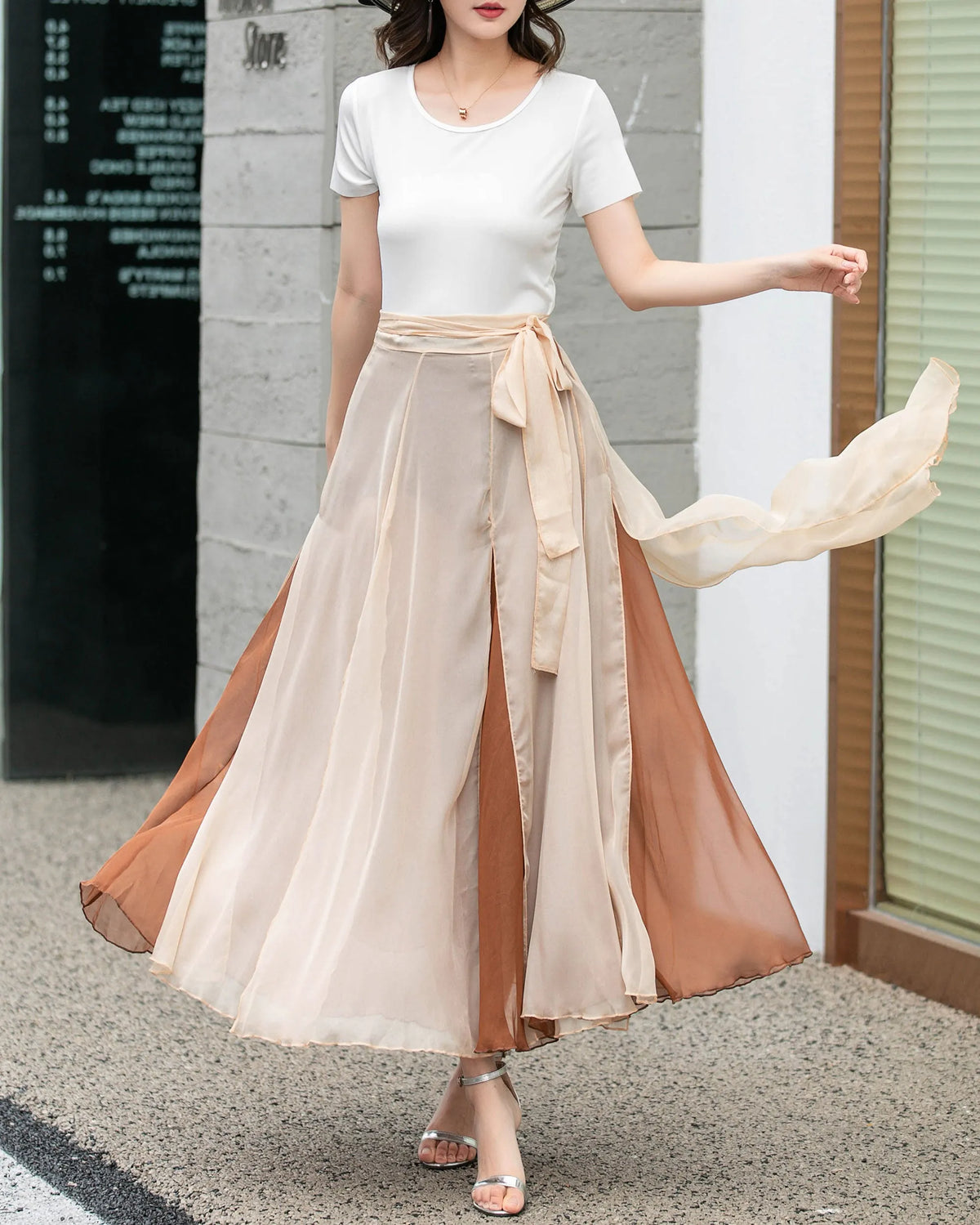 Apricot Chiffon Midi Wrap Skirt - Flowing Circle Silhouette 4277