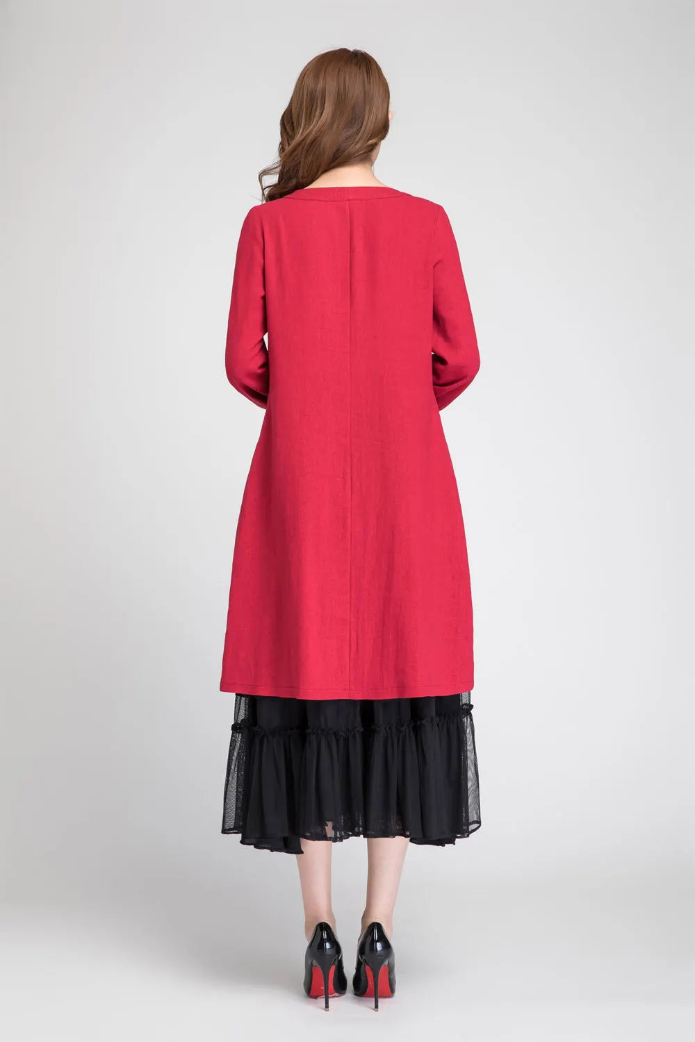 Red Linen Tunic Dress - Drawstring Waist, Pleated Blouson Sleeves 1885