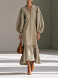 Women's Round-Neck Half-Zip Balloon-Sleeve Ruffle-Hem Maxi Dress MDZ0279I1CMX