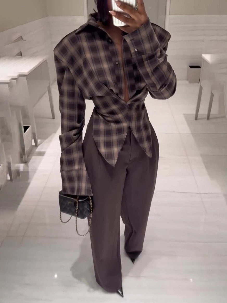 Kafra Brown Plaid Blouse