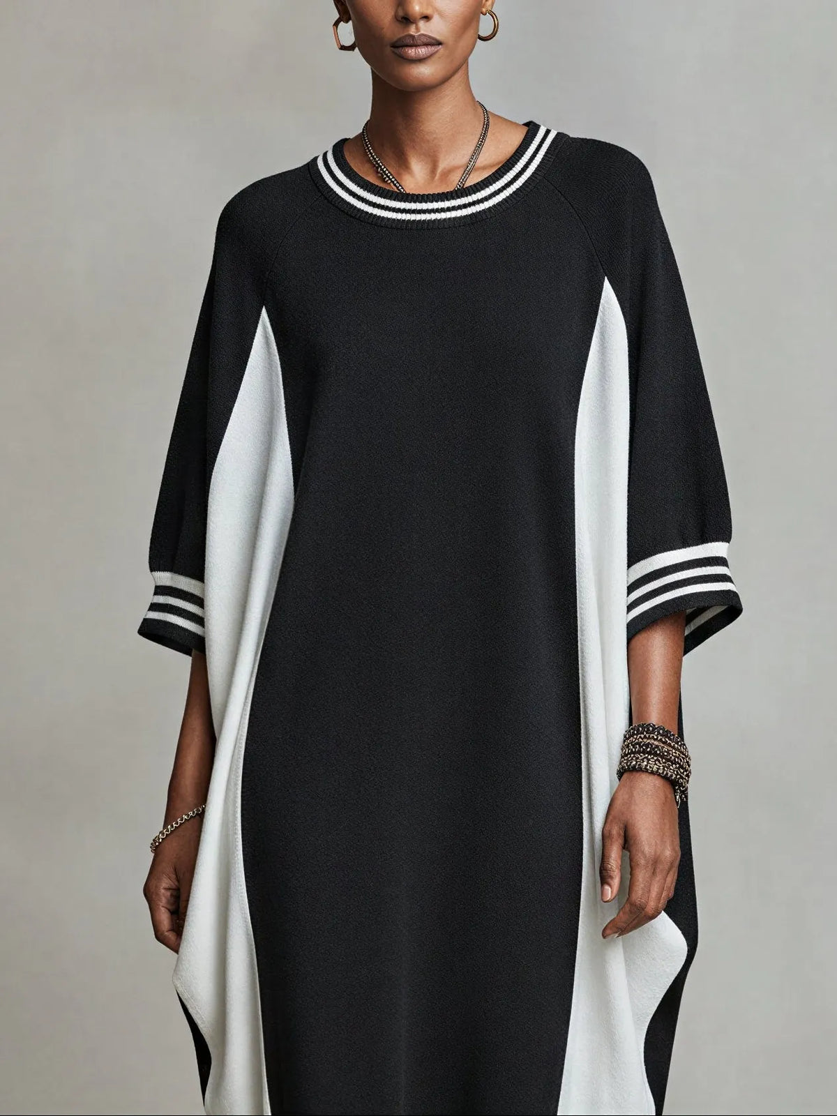 Black and white color-block loose-fit midi sweatshirt dress