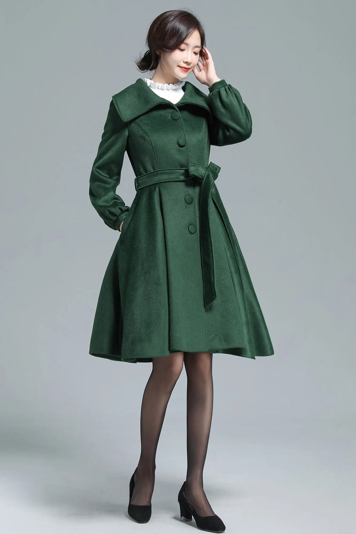 Army Green Wool Coat - Belted Swing Silhouette 3131