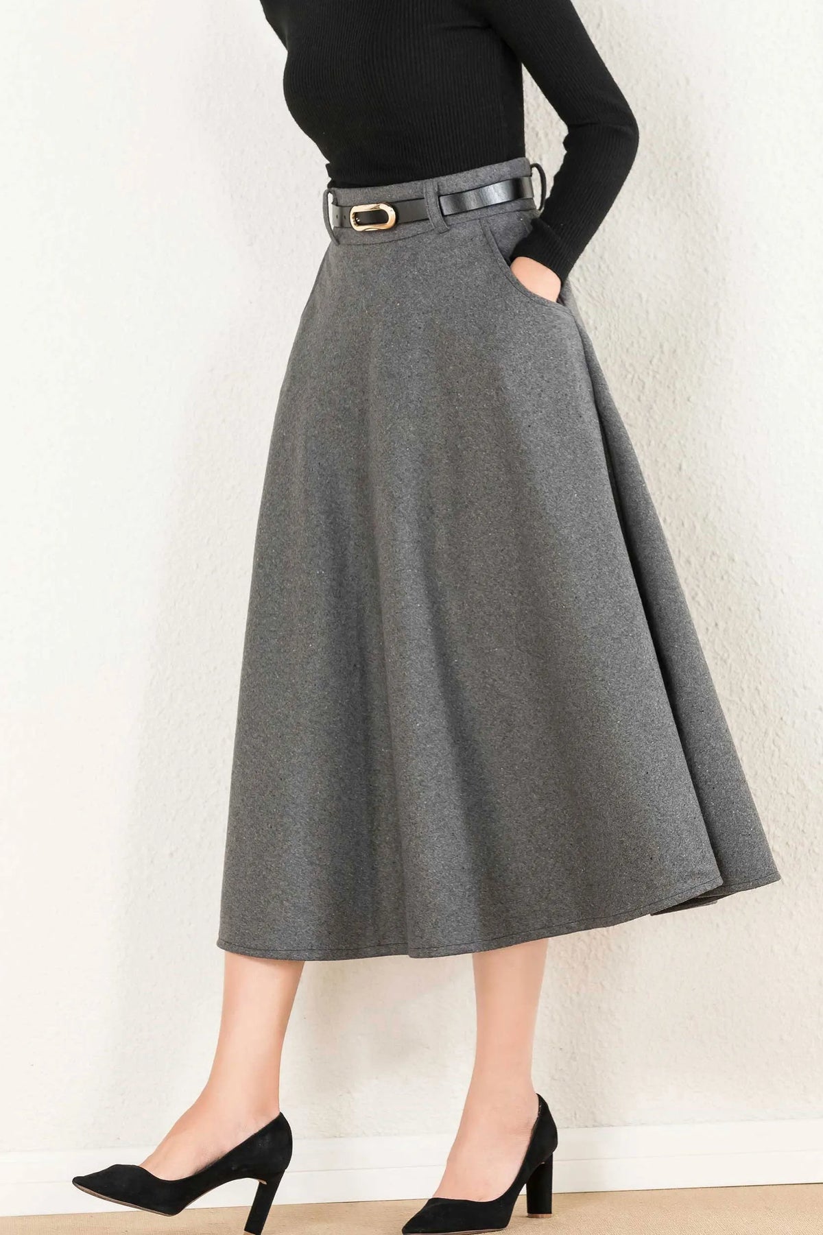 Gray Wool A-Line Maxi Skirt - Elegant Flowy Silhouette 2428