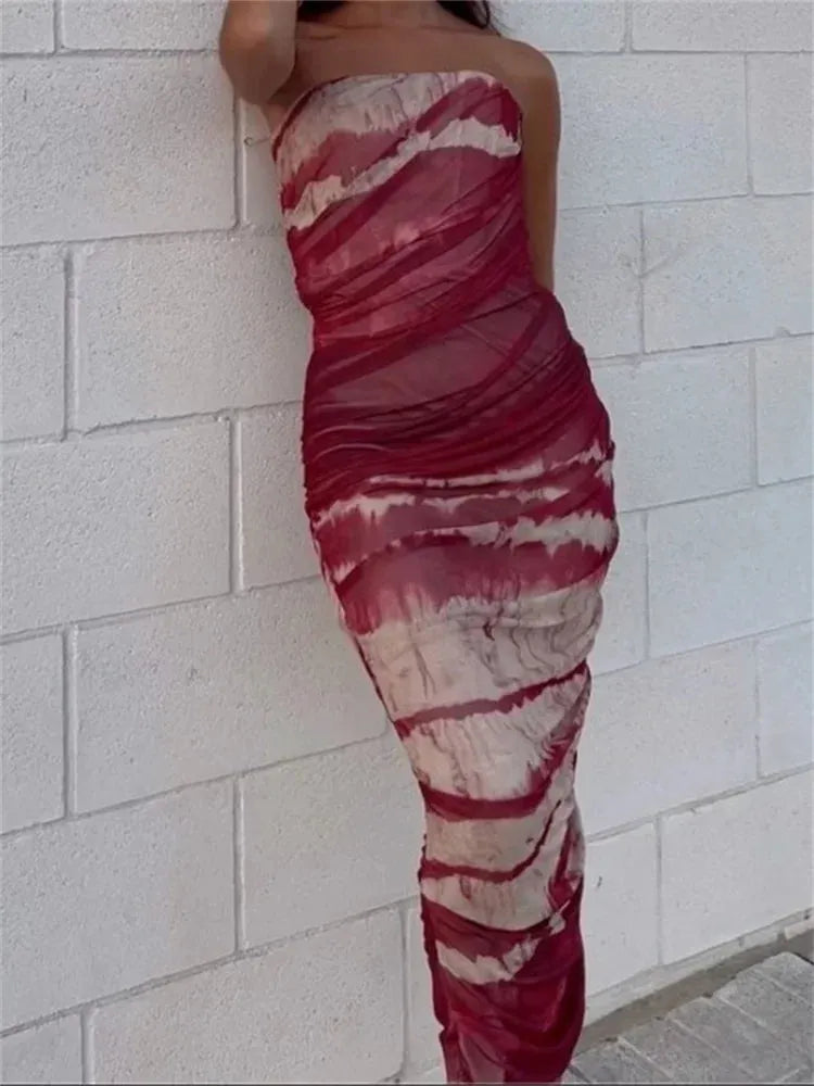 Irregular Tie Dyeing Print Tube for Women Summer Beach Party Clubwear Strapless Off Shoulder Ruched Dress