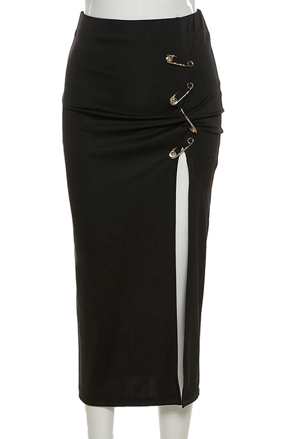 KittenAlarm - High Waist Pins Buckle Long Split Skirt