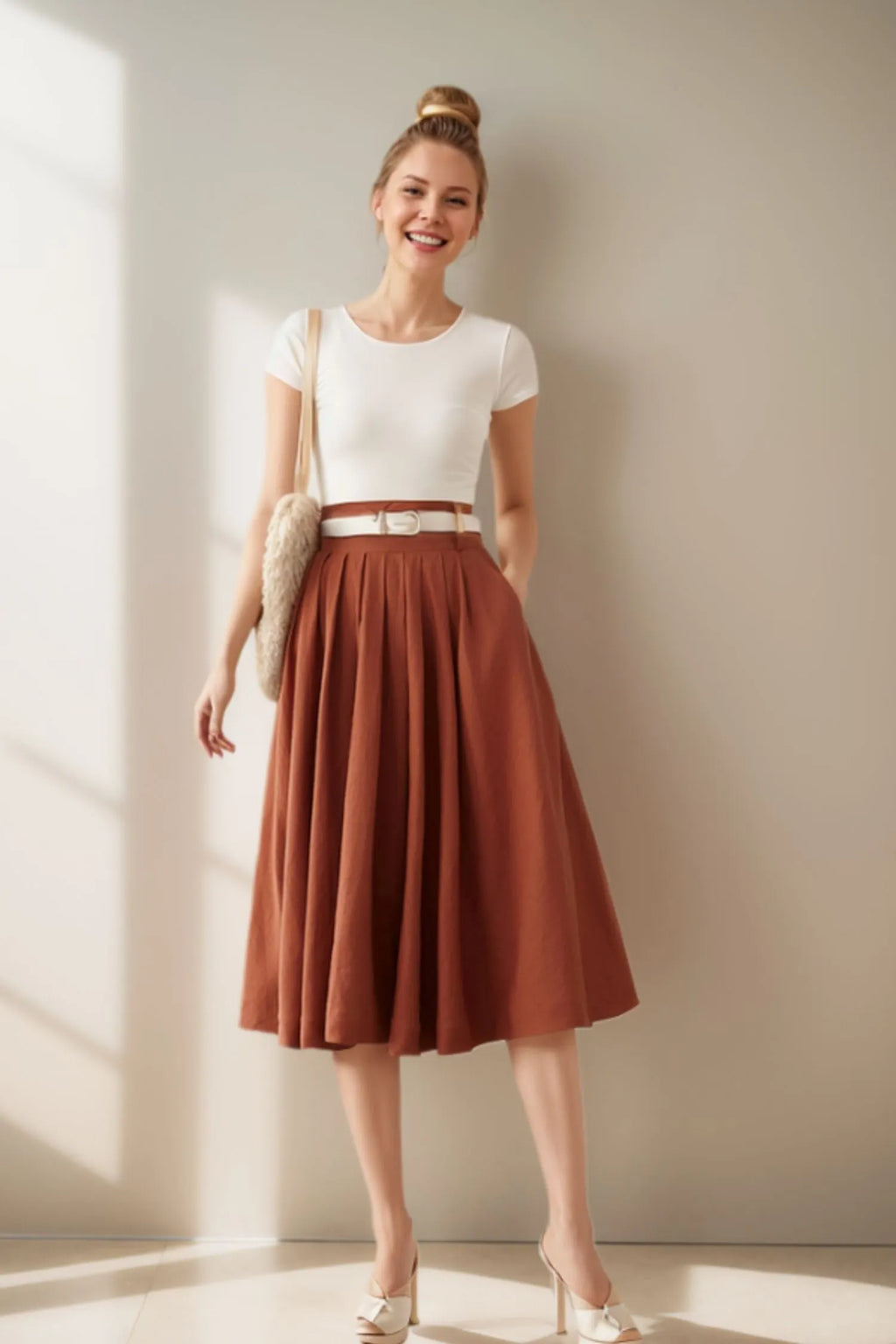 Brown Linen Midi Skirt - Pleated Full Circle Silhouette with Pockets 4976