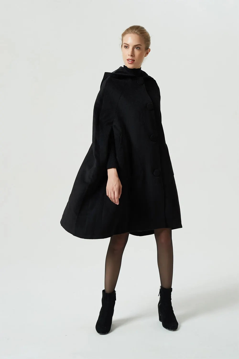 Black Wool Cape Coat - Vintage Hooded Flowing Silhouette 1952