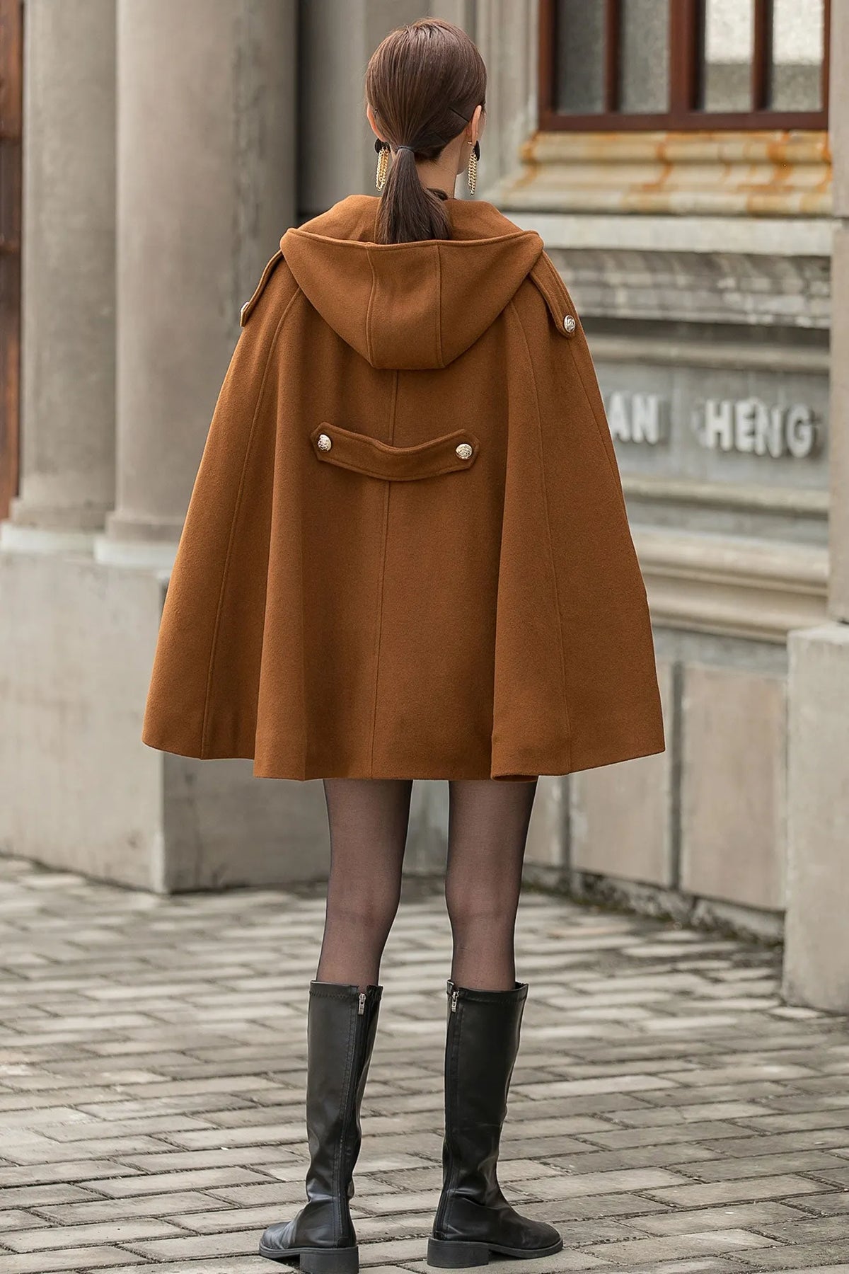 Handmade Brown Wool Cape Coat – Hooded Double-Breasted Winter Overcoat 
