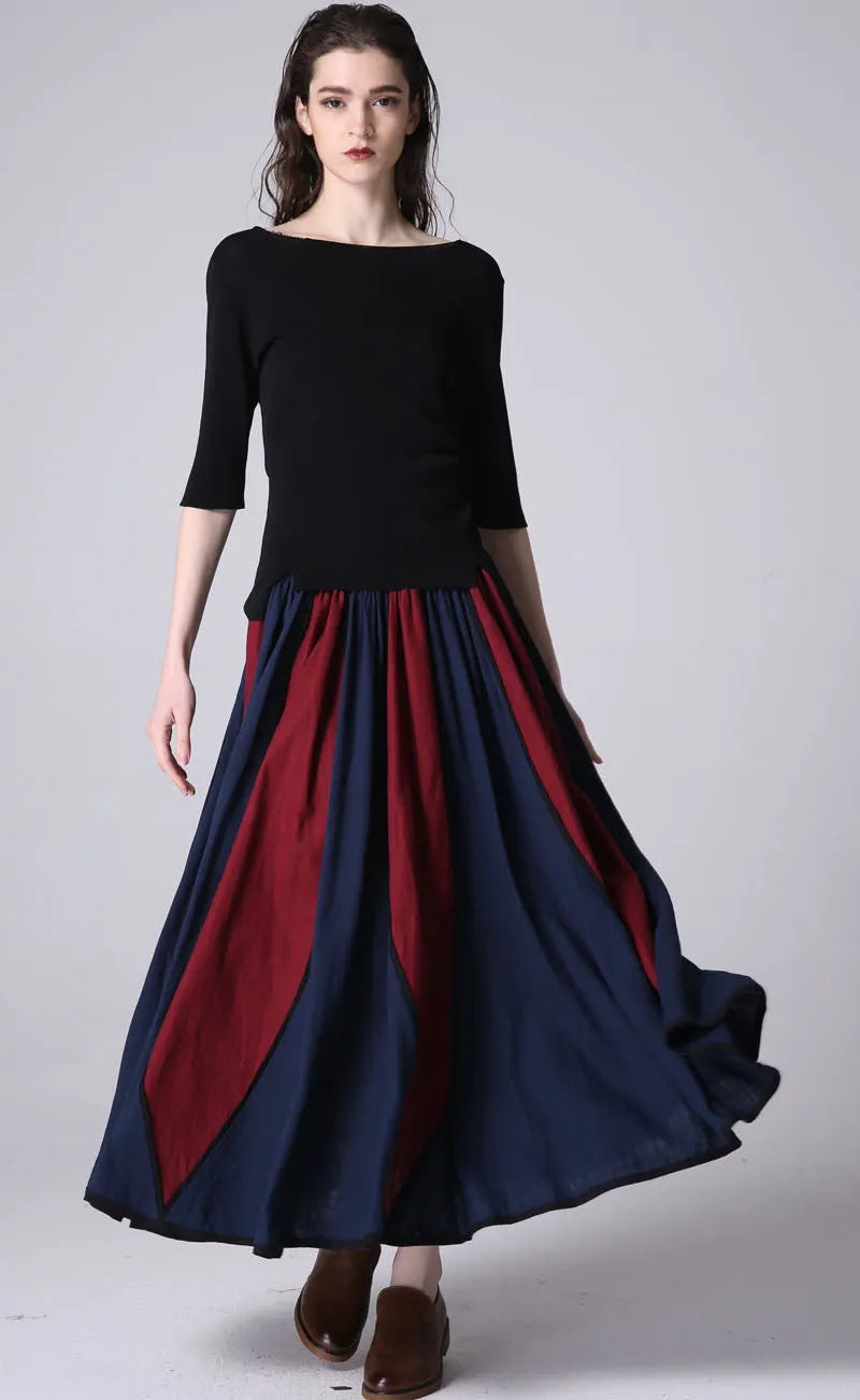 Royal Blue Red Patchwork Linen Maxi Skirt - Elastic Waist 
