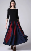 Royal Blue Red Patchwork Linen Maxi Skirt - Elastic Waist 