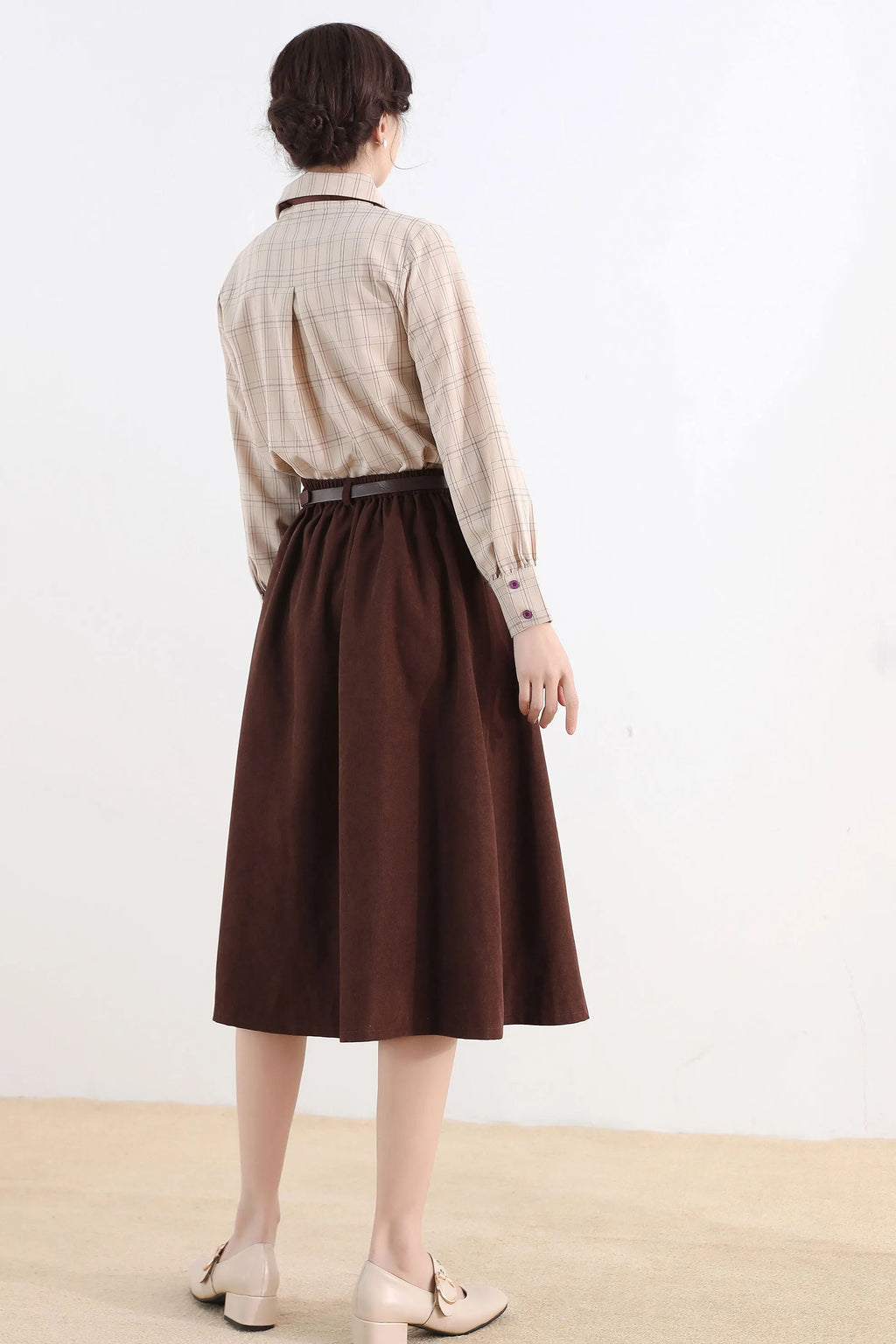 Brown Button Front Midi Skirt – Vintage A-Line Cotton Blend Skirt with Pockets 2521