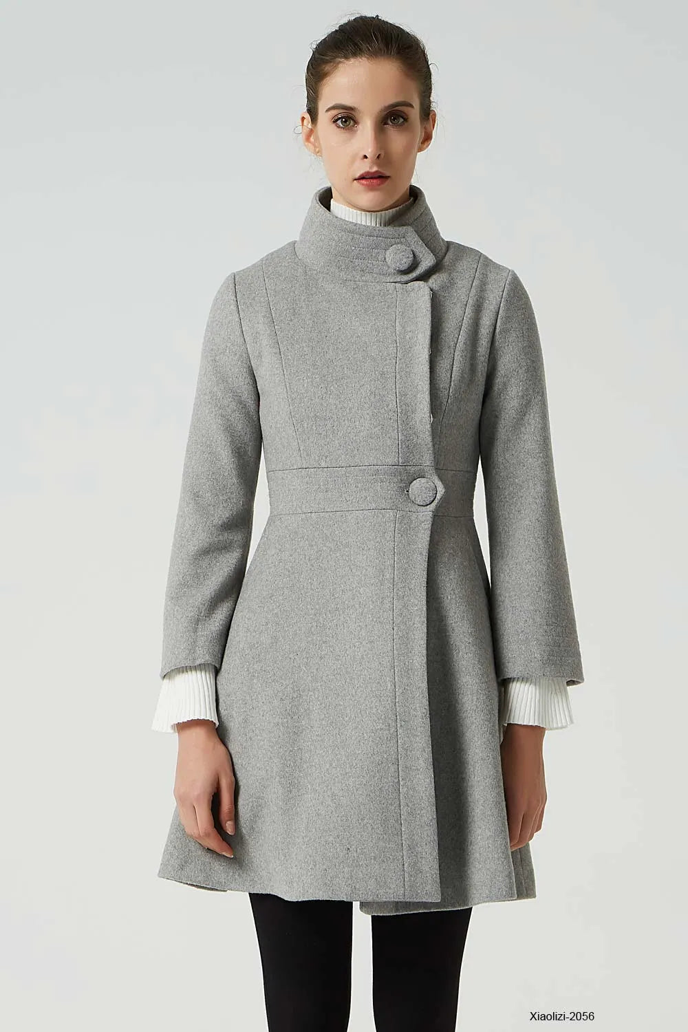 Light Grey Wool Coat - Fitted Waist with Stand-Up Collar 2056