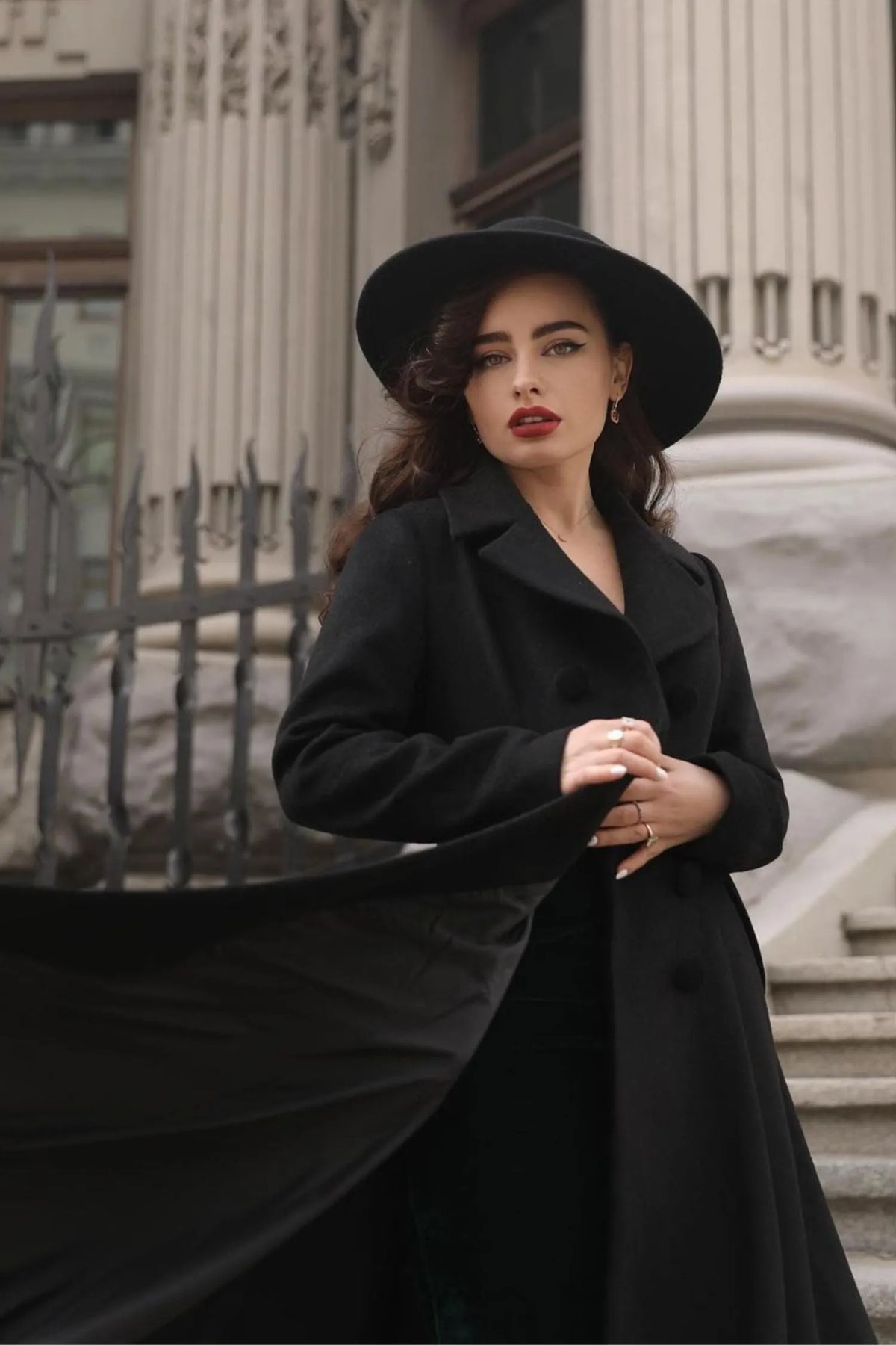 Black Wool Maxi Coat – Vintage Double Breasted Long Winter Overcoat  2743