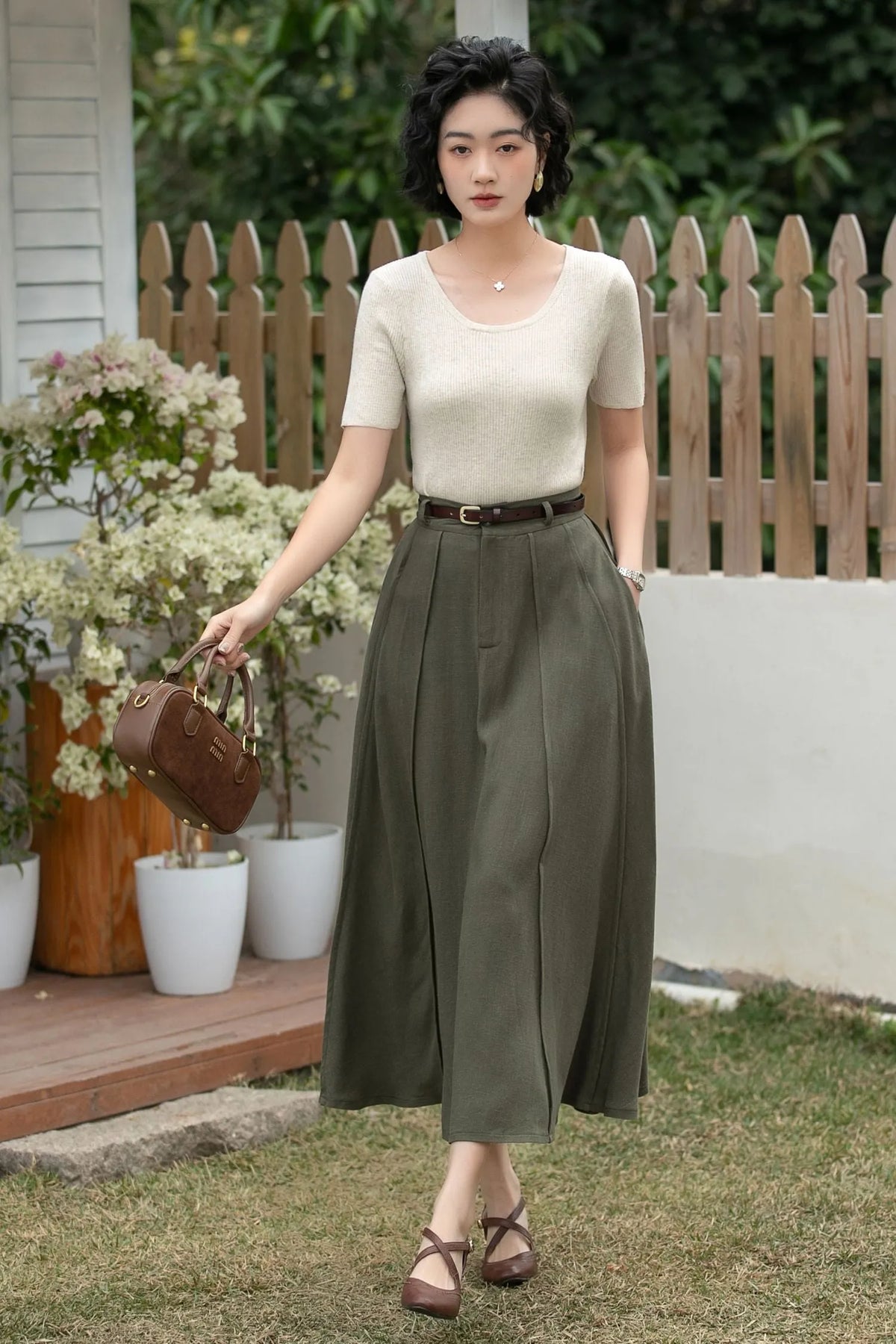 Xiaolizi Army Green Linen Midi Skirt – Vintage High Waist A-Line 6695
