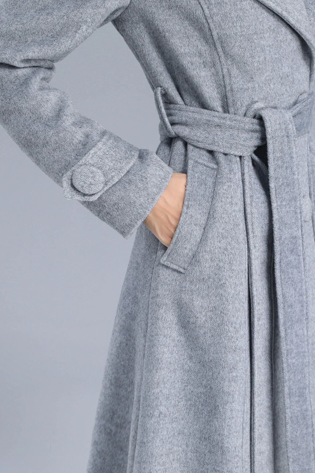 Gray Wool Belted Coat - Double Breasted, Mid-Calf Length 3209