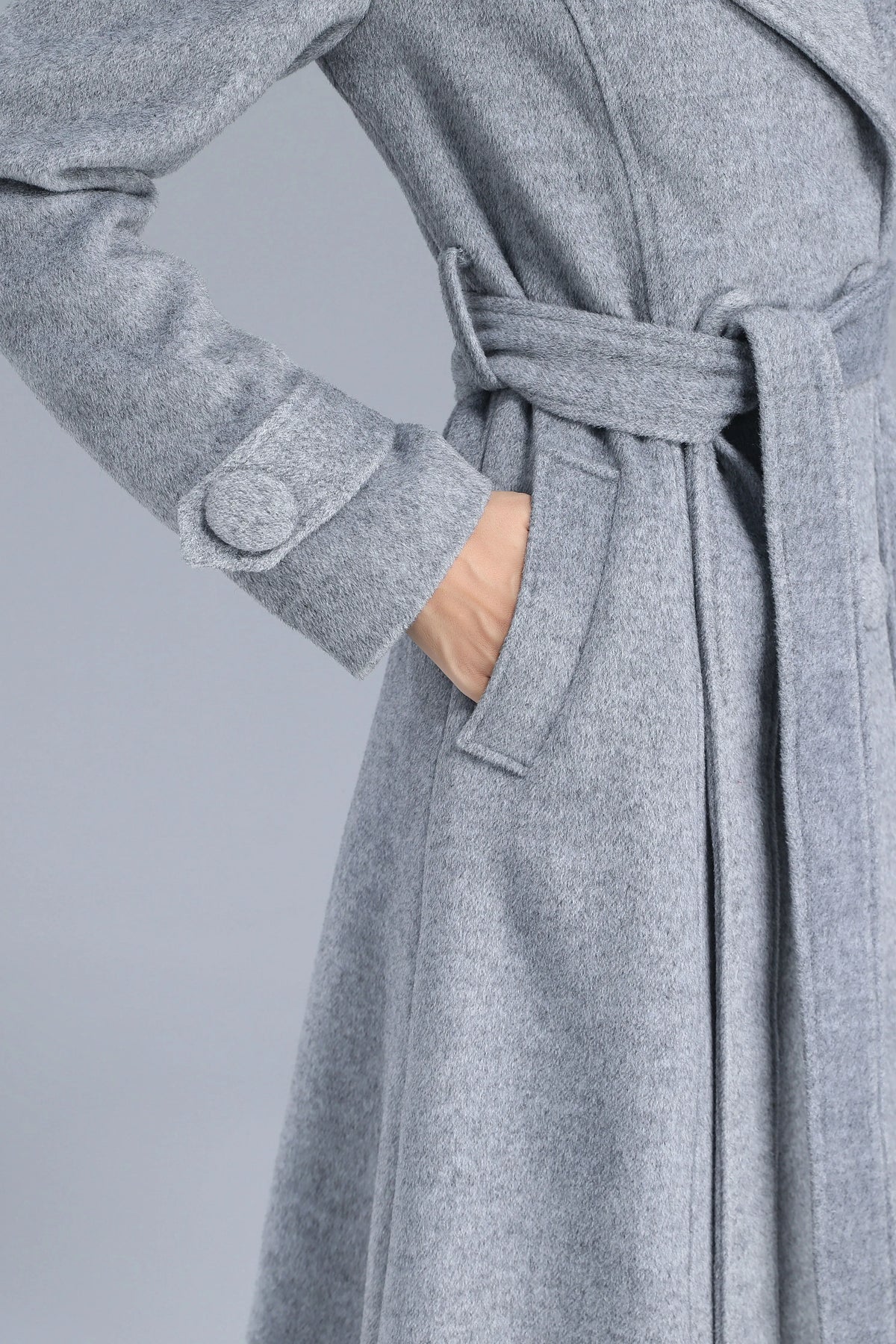 Gray Wool Belted Coat - Double Breasted, Mid-Calf Length 3209