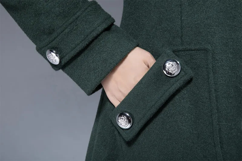 Xiaolizi Dark Green Wool Coat for Women – Handmade Knee-Length Asymmetrical Winter Coat 1821