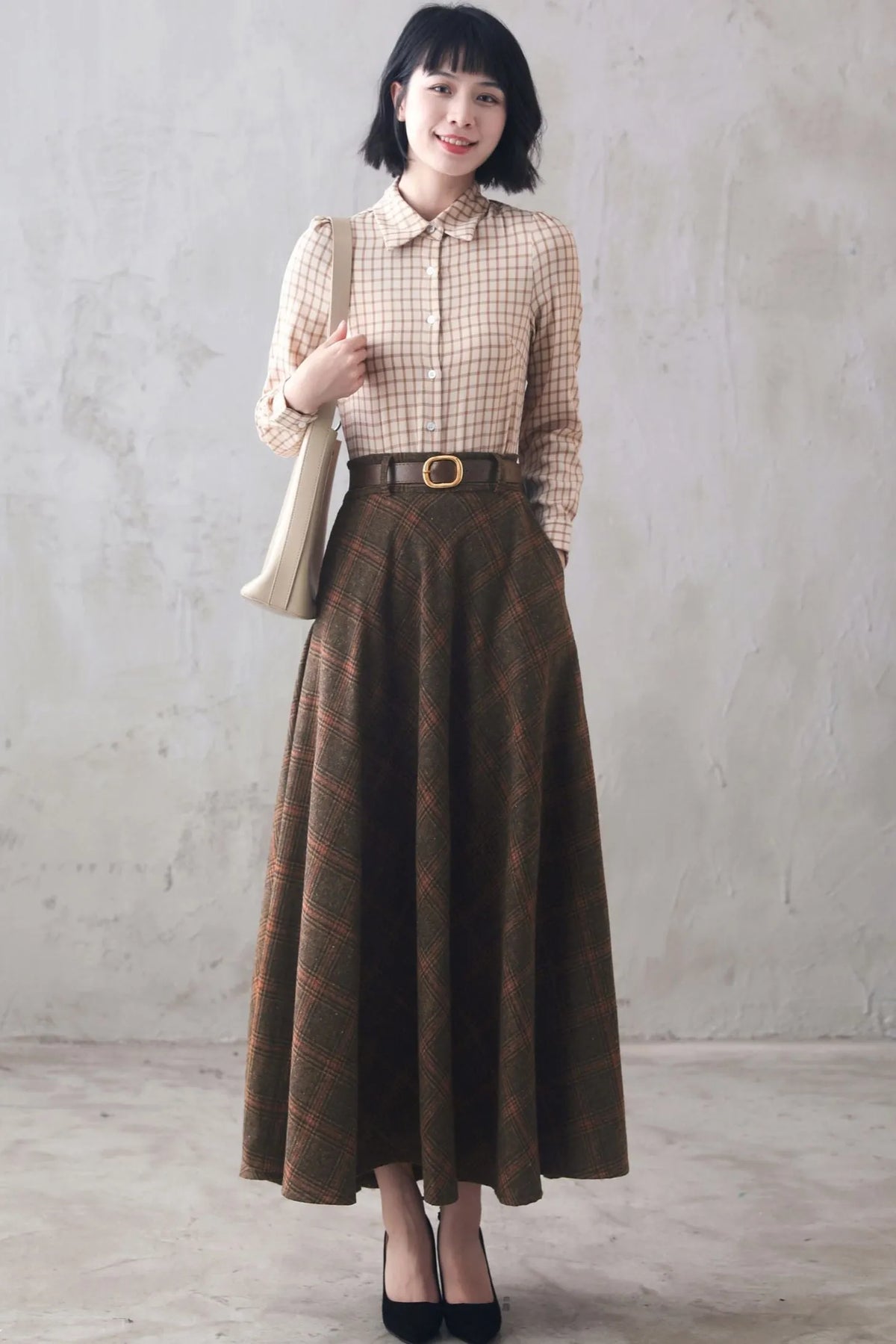 Brown Plaid Wool Maxi Skirt – Vintage High Waist Winter Long Skirt with Pockets 3102
