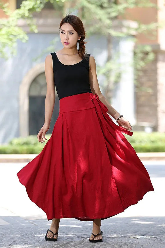 Red Linen Cotton Wrap Maxi Skirt – Handmade High Waist Summer Skirt 1025
