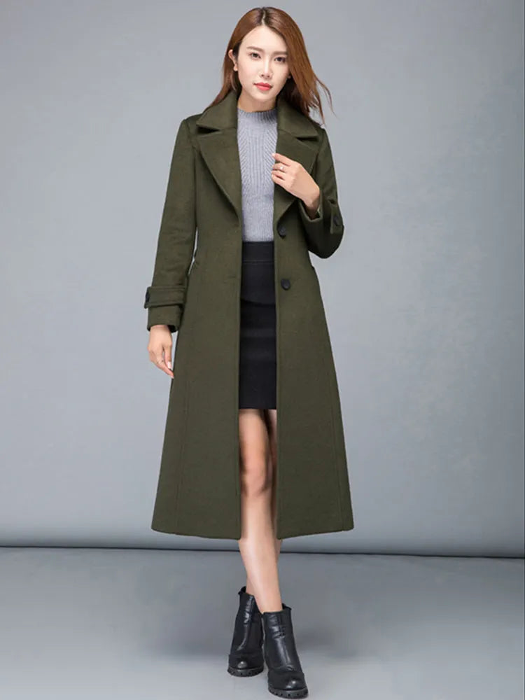 Army Green Wool Midi Coat - Fit & Flare Silhouette with Belt 2476