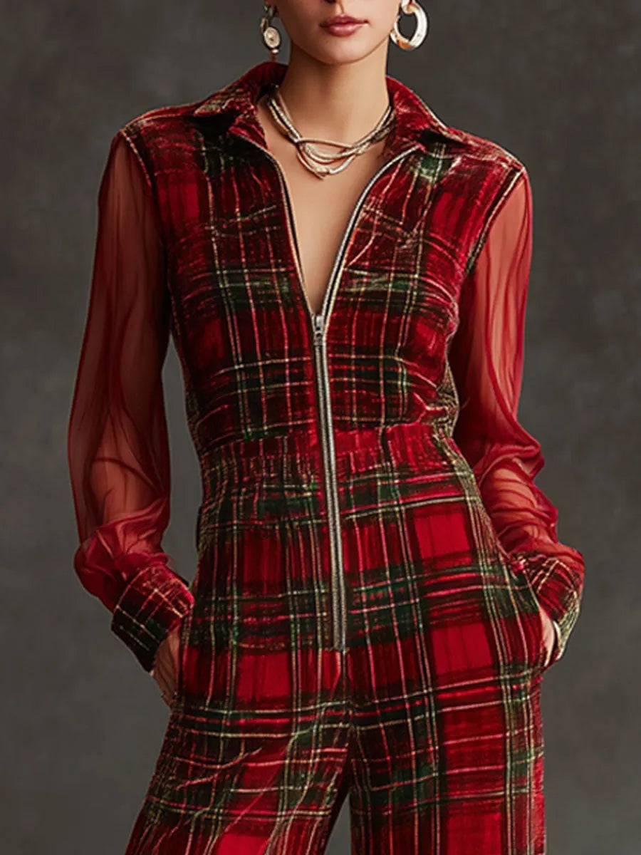 Retro Long-sleeved Mesh Red And Green Plaid Velvet Wide-leg Jumpsuit