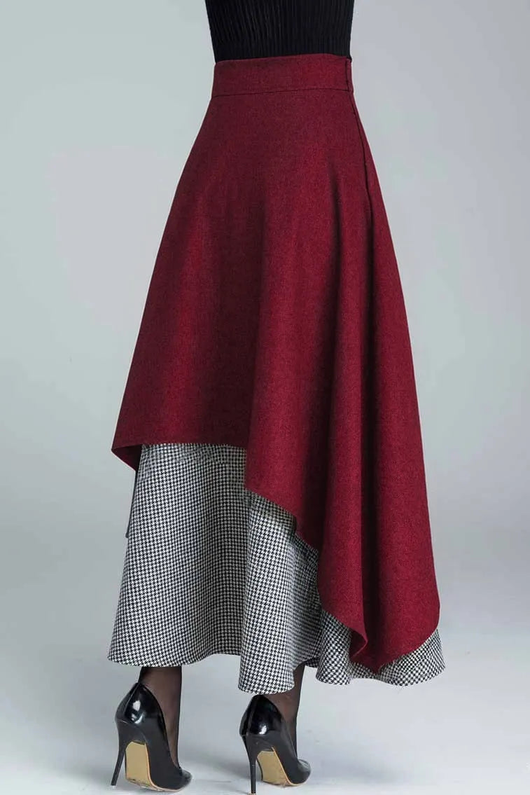 Handmade Layered Wool Maxi Skirt – Burgundy Swing with Houndstooth 