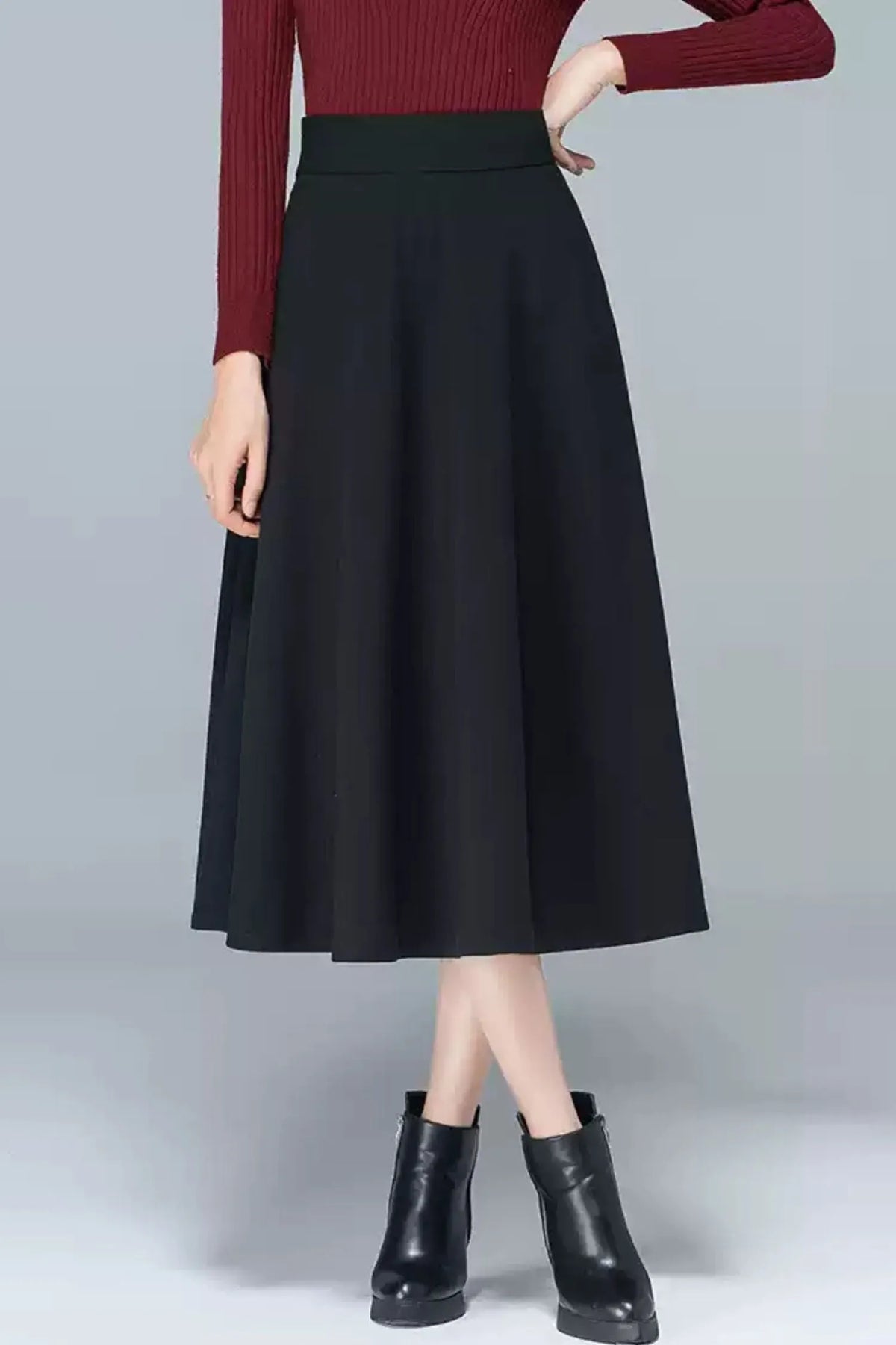 Polyester High Waist Midi Skirt - Pleated A-Line Lined 