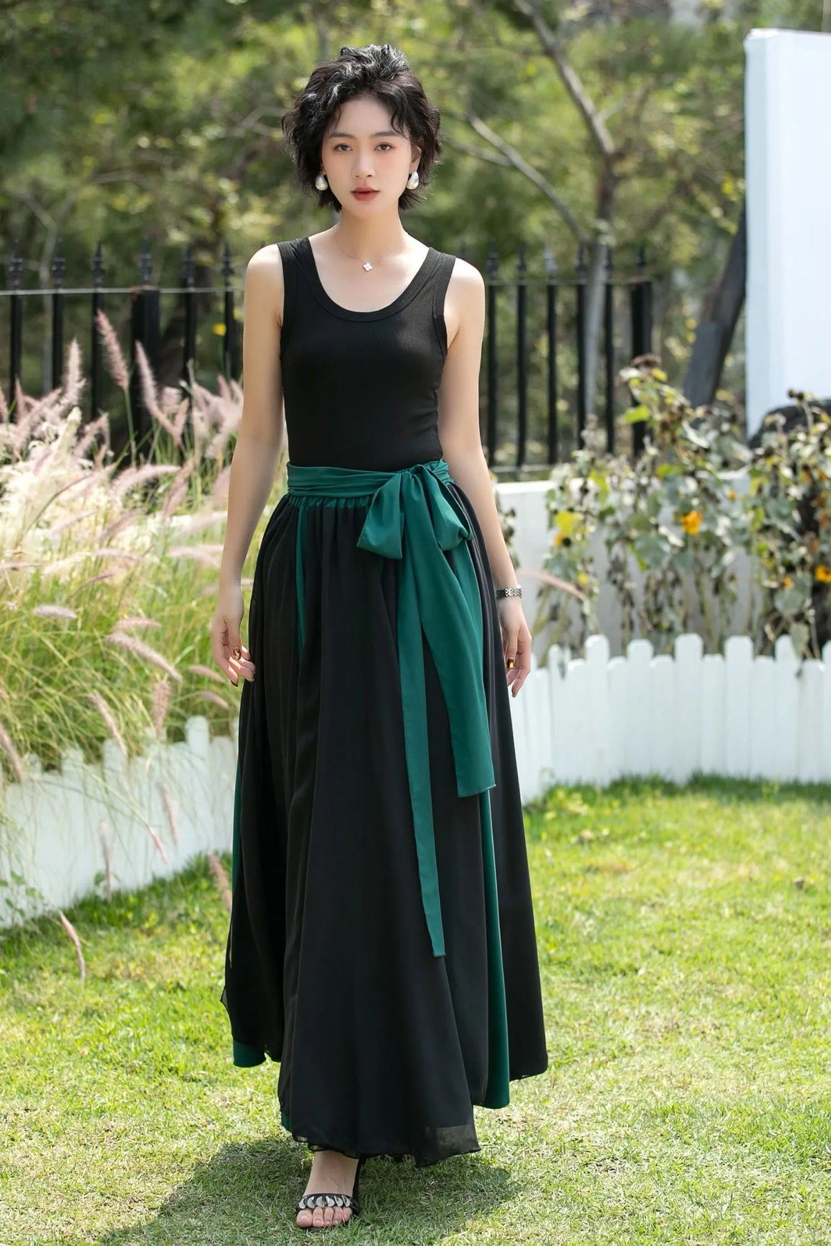 Black and Emerald Green Chiffon Maxi Skirt 