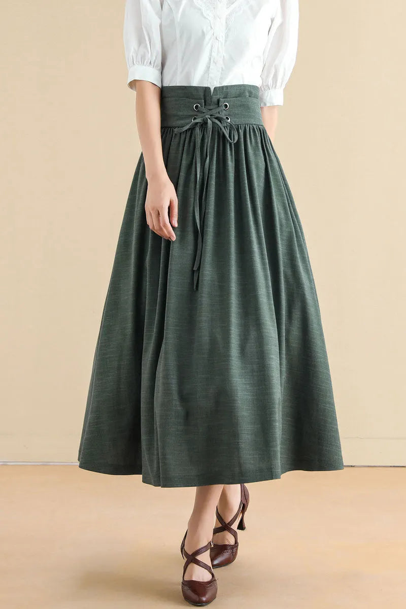 Green Linen Cotton Midi Skirt - Pleated High Waist with Drawstring 2788