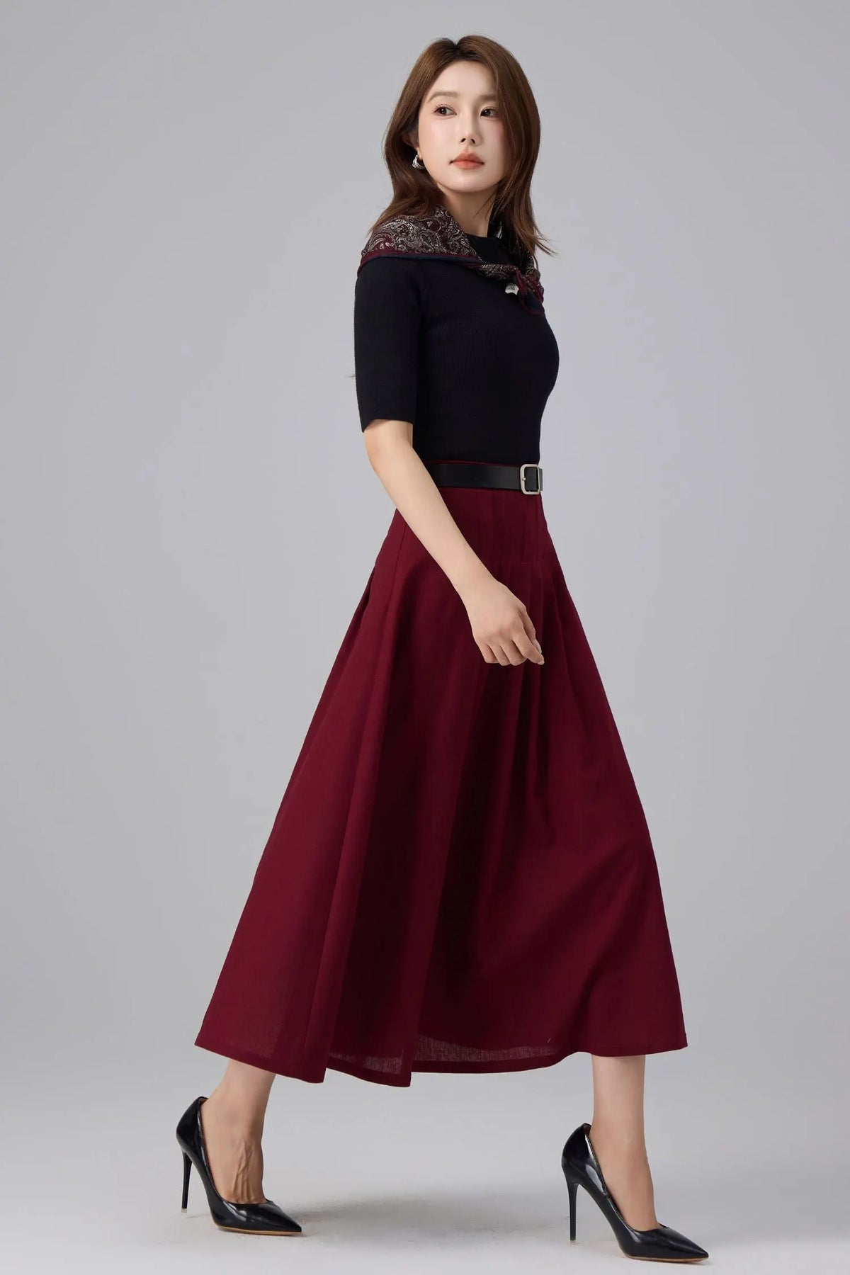 Burgundy Linen Midi Skirt - High Waist Pleated A-Line 