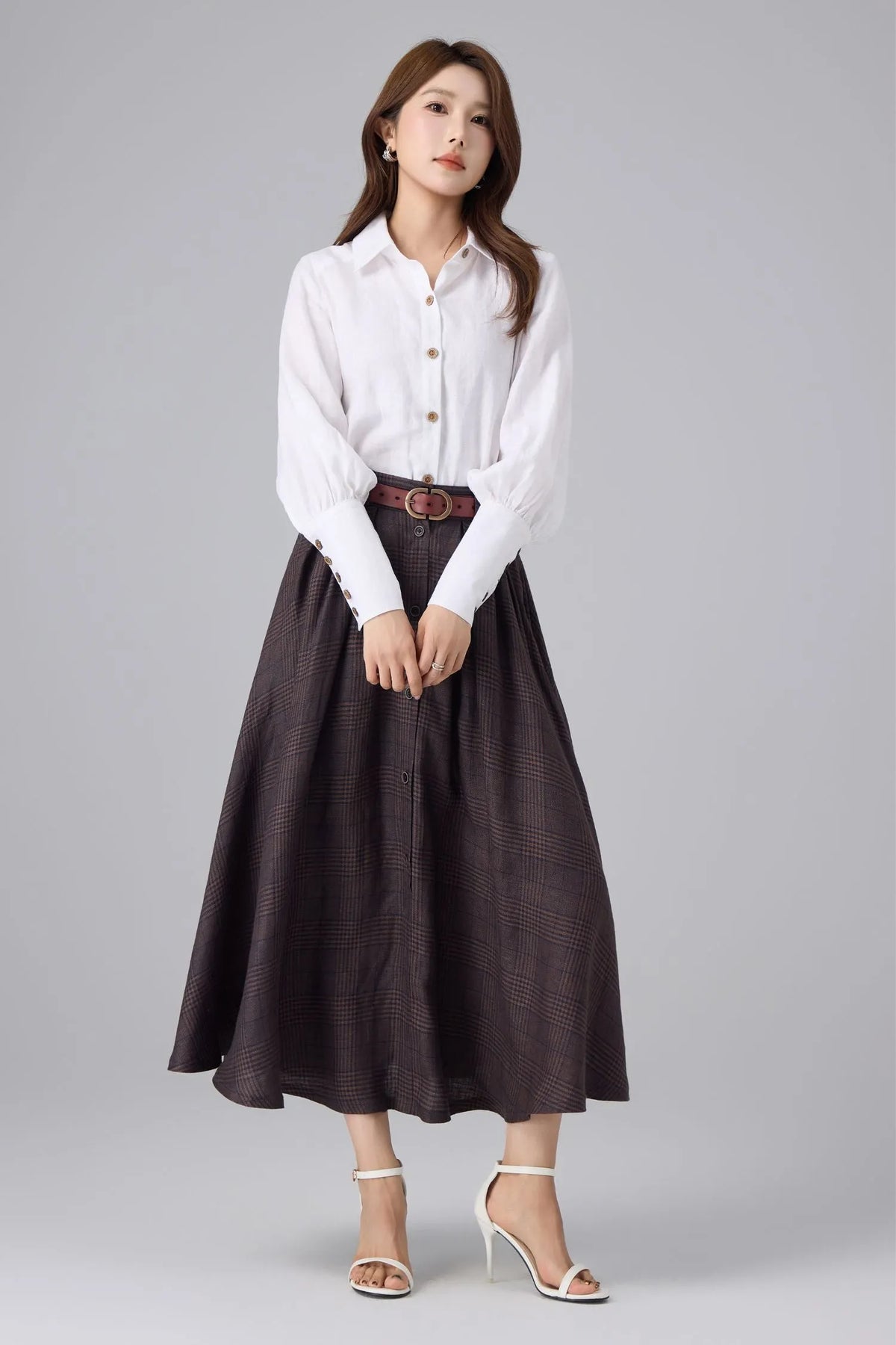 Brown Linen Cotton Skirt - Plaid High Waist 