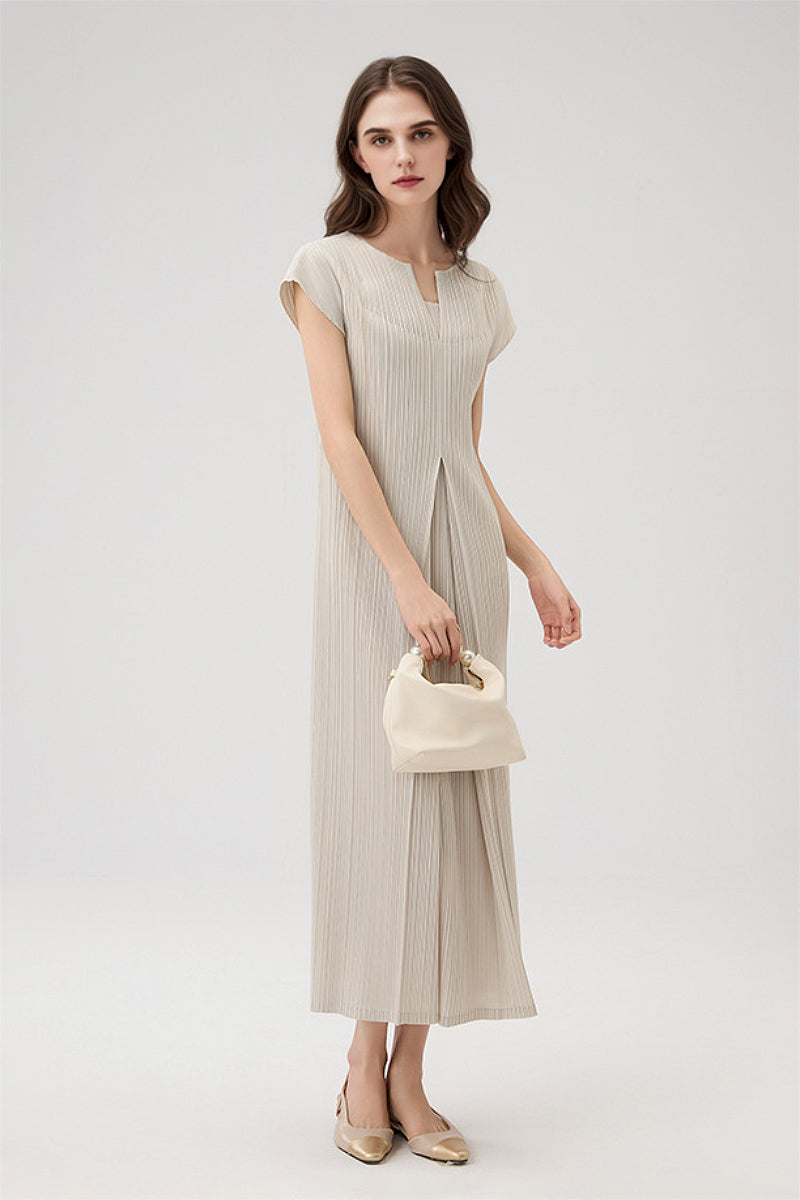 Designer Inspired Pleated Cap-Sleeve Midi Dress