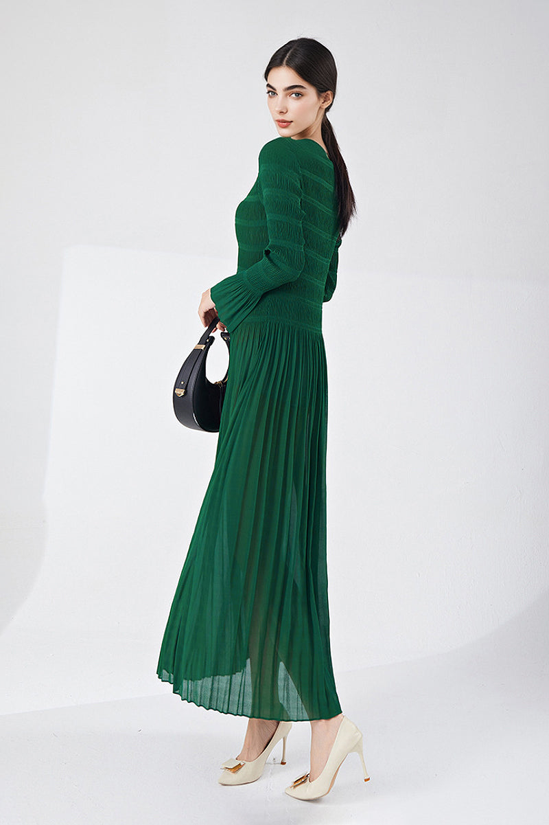 Designer Inspired Pleated Long Sleeve Smocked Maxi Dress in Emerald Green
