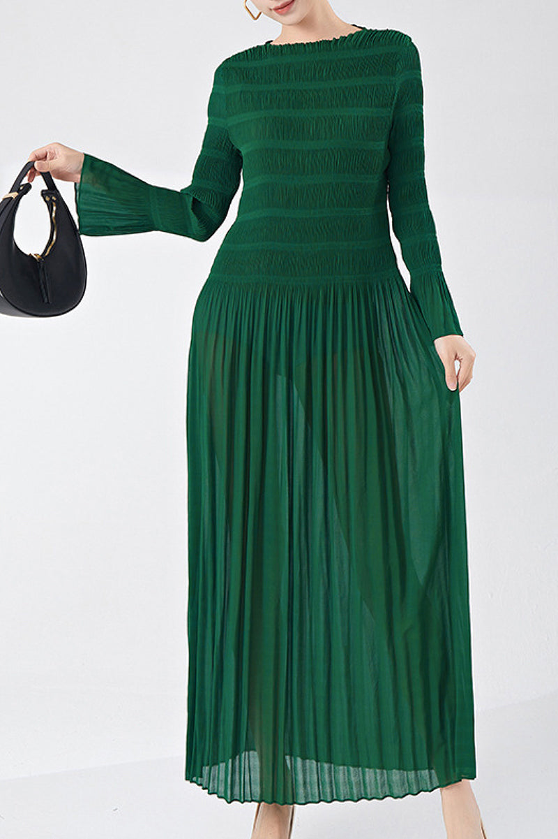 Designer Inspired Pleated Long Sleeve Smocked Maxi Dress in Emerald Green