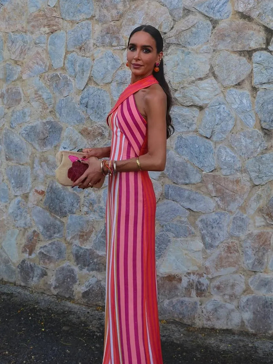 Sunset Samba Cross-Halter Stripe Dress