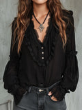 Vintage Black Ruffle Long Sleeve Blouse With Lace Trim