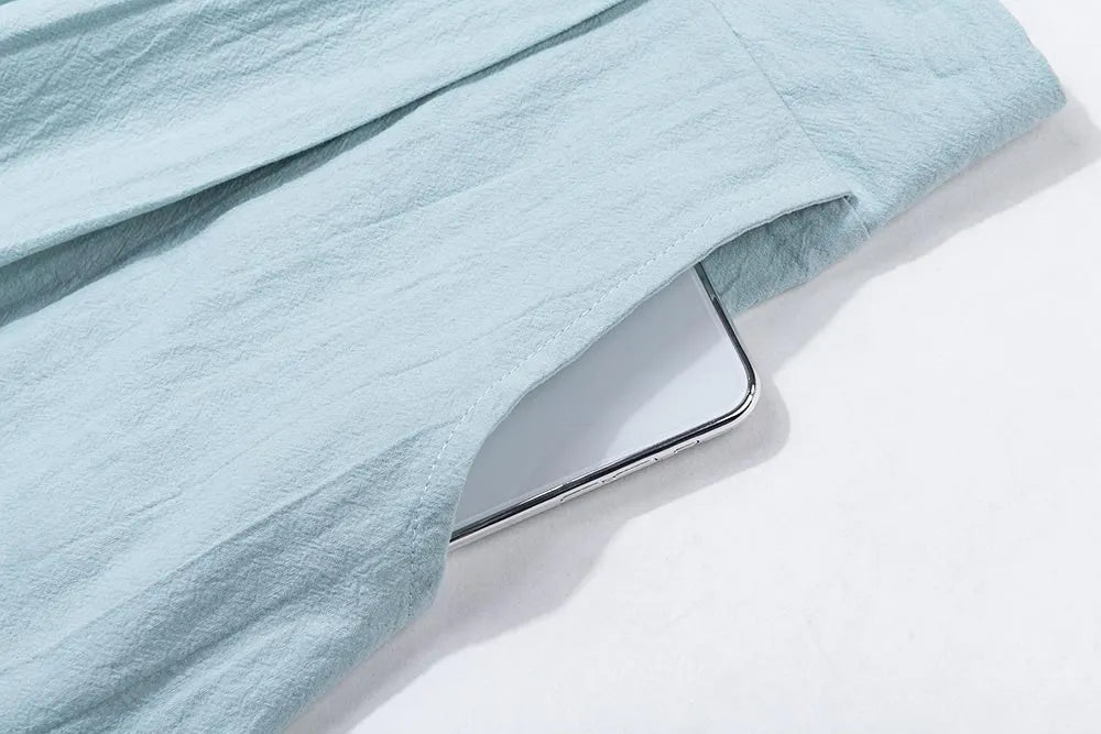 Mint Green Linen Midi Skirt - Elastic Waist with Seam Pockets 1898