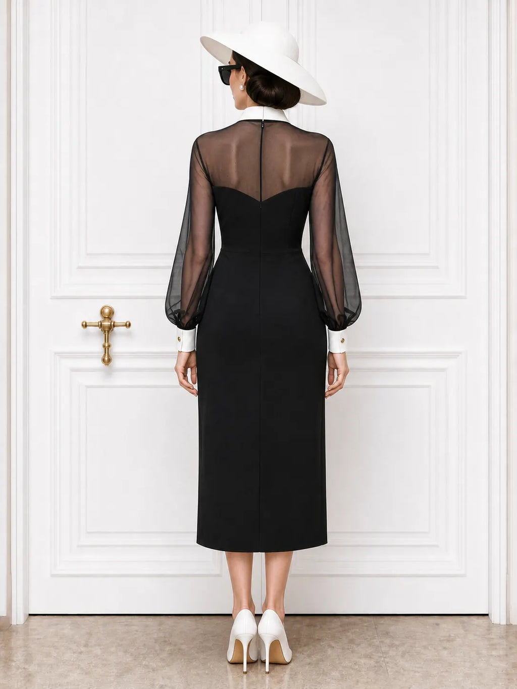 Vintage Mesh‑panel Slit Midi Dress