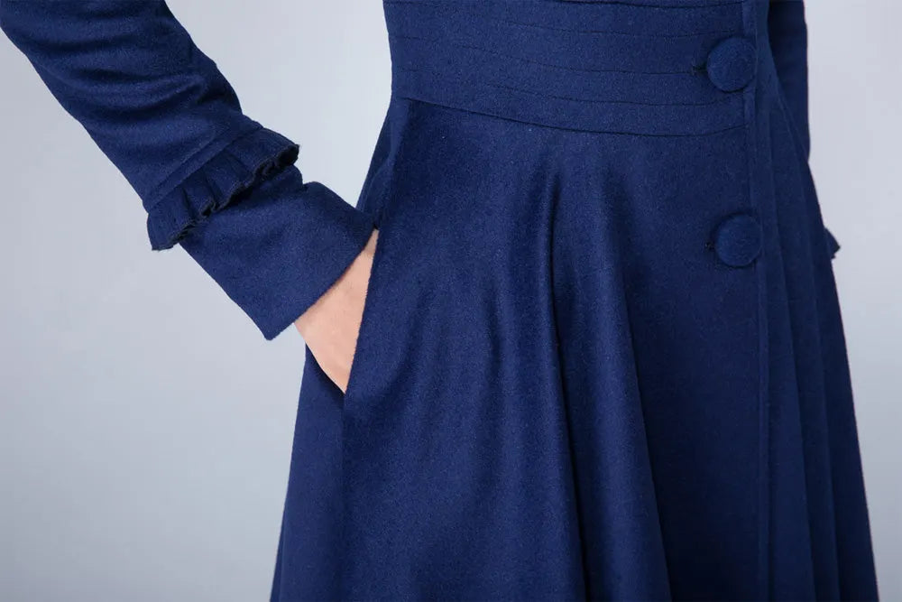 Navy Wool Coat – Handmade Vintage Maxi Winter Coat with Ruffle Trim 