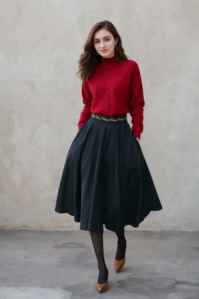 Black Wool Midi Skirt - Embroidered Waist A-Line Circle Skirt 5310