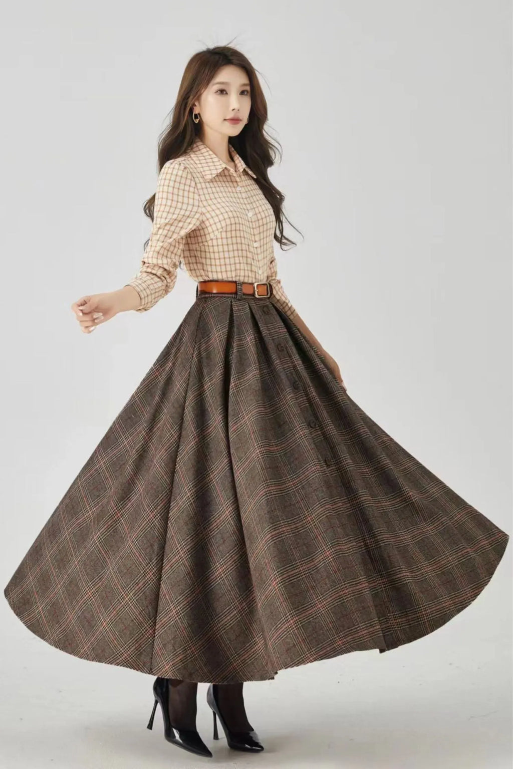 Plaid Wool A-Line Long Skirt - Flared Ankle-Length Winter Style 4536