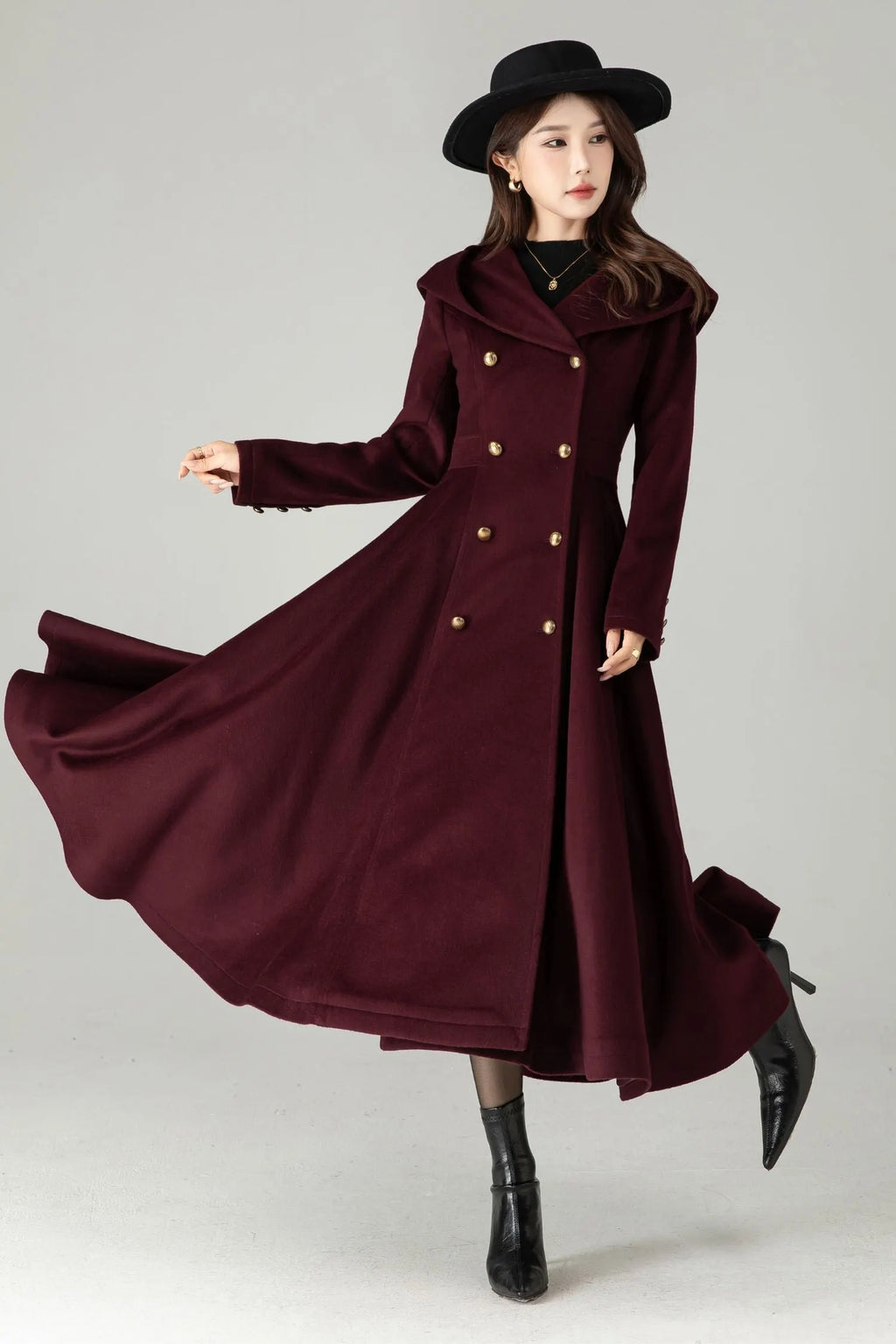 Hooded Burgundy Wool Coat – Elegant Double-Breasted Long Swing Coat 