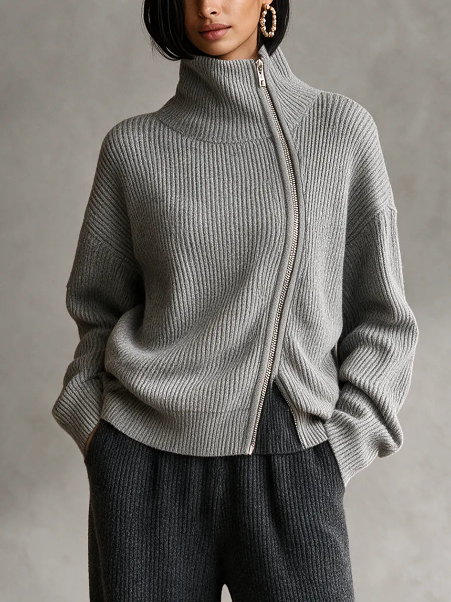 Women's Grey Diagonal‑Zip Funnel Neck Knit Sweater MDZ0365I7R