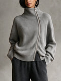 Women's Grey Diagonal‑Zip Funnel Neck Knit Sweater MDZ0365I7R
