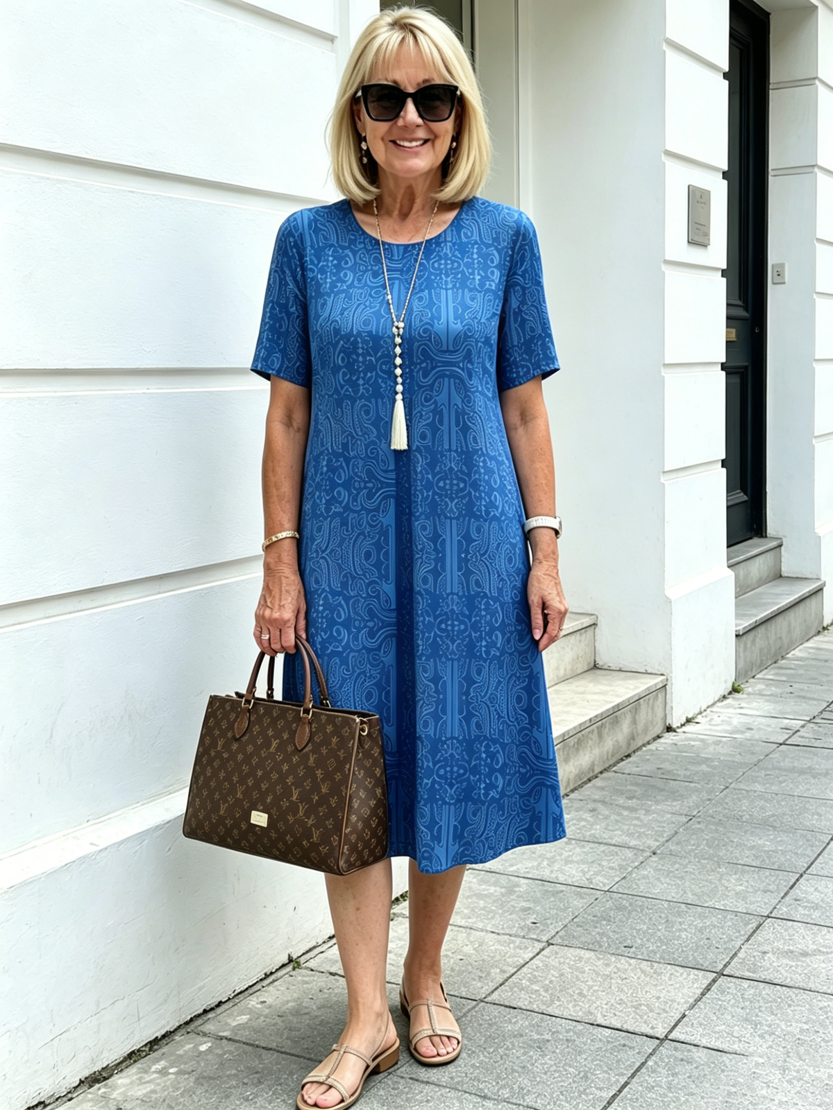 Blue Paisley Print Loose Midi Dress, Round Neck Short Sleeve Tummy Concealing Slimming Temperament Dress for Mature Wome