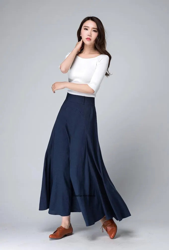 Navy Linen A-Line Maxi Skirt - Flowy High-Waisted Silhouette 1497
